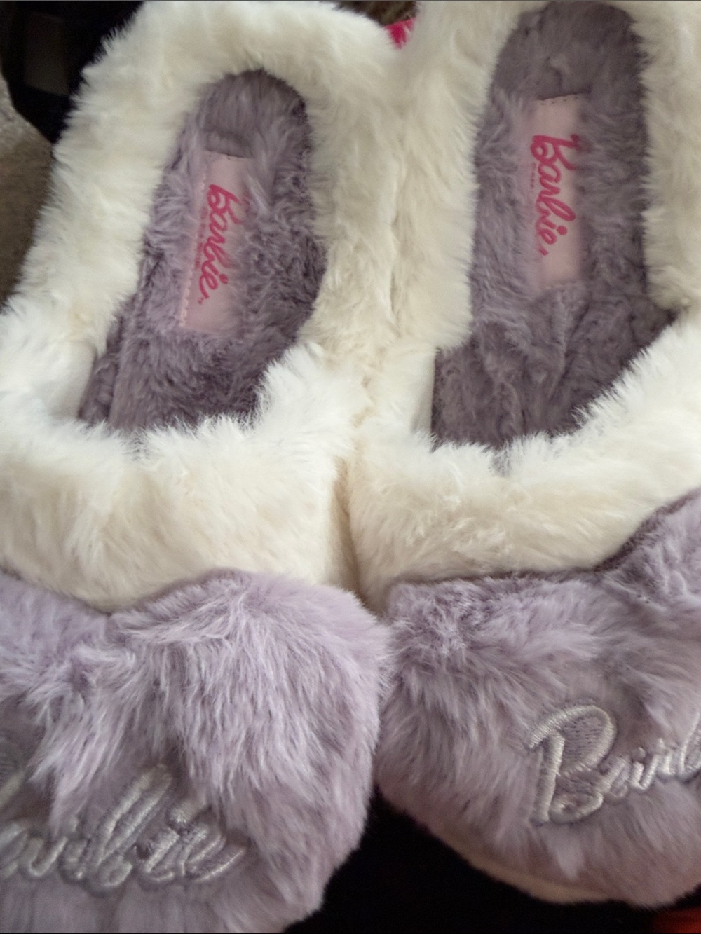 Barbie Lavender and Cream Fuzzy Slip-On Slippers